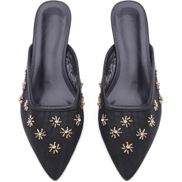 🆕Women Black Kitten Heel Mules Flower Decor Mesh Pointed Toe Low Heel Pumps - Picture 7 of 7